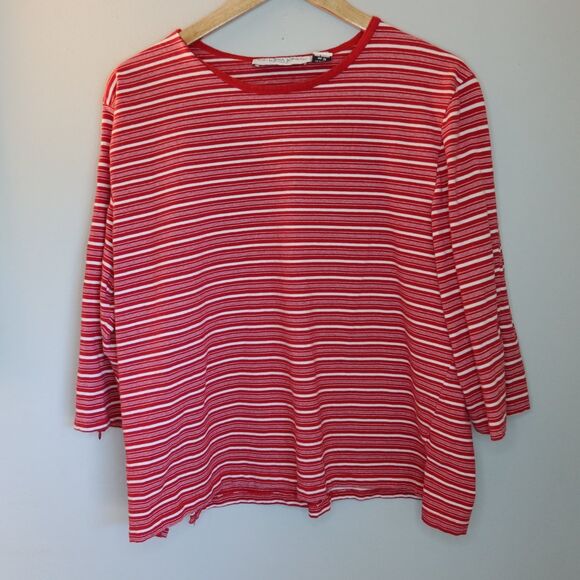 Victoria Jones Woman Tops - Victoria Jones Striped 3/4 Sleeve Top Womens 1X Red Crew Neck Side Slits Stretch